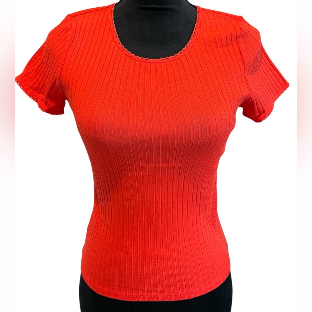 Red Cotton Ribbed Short Sleeve Fitted Large Top Lace Trim 90's Y2K